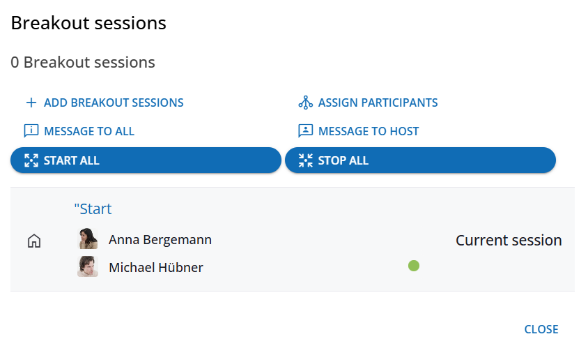 Dialog for managing breakout sessions